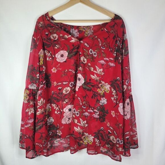 Design Lab Lord & Taylor Flare Sleeves Sheer Floral Flounce Blouse - Picture 1 of 11